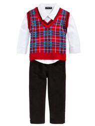 Only Kids Infant Boys 3 Piece Dress Up Outfit Pants Shirt & Red Sweater Vest