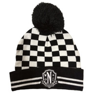 Womens Black Check Wednesday Adams Beanie Stocking Cap Hat