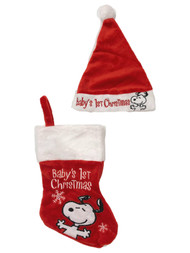Peanuts Red Snoopy Dog Baby's 1st Christmas Holiday Stocking & Santa Hat Set