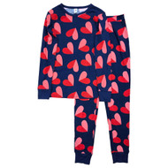 Womens Red & Navy Heart Knit Pajamas Sleep Set Tee Shirt & Pants Set X-Small