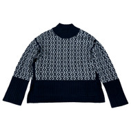 Plush Navy Blue & White Geomertric Print Sweater Pull-Over Mockneck