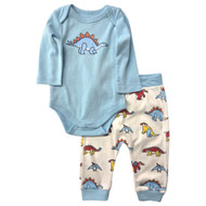 Infant Boys Blue & White Dinosaur Bodysuit & Elastic Waist Pants Set