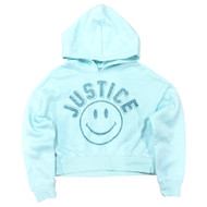 Justice Girls Turquoise Blue Shimmery Happy Face Hoodie Sweatshirt