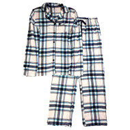 Womens White & Blue Flannel Long Sleeve Pajama PJ Sleep Set