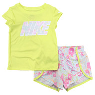 Girls 2PC Nike Dri-Fit Outfit Yellow Shirt & Gray Floral Shorts Set