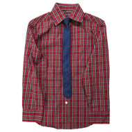 TFW Boys Red Plaid Long Sleeve Button Front Shirt With Christmas Tree Tie