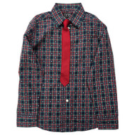 TFW Boys Blue & Red Christmas Tree Long Sleeve Button Front Shirt With Tie