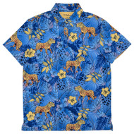 Birdie Bound Mens Azure Blue Jungle Leopard Short Sleeve Golf Polo Shirt