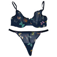 Parade Womens Blue Mesh Butterfly Print Underwire Bra & Thong Panty Set