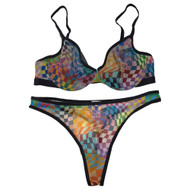 Parade Womens Colorful Geometric Print Mesh Underwire Bra & Thong Panty Set