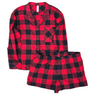 Womens Red & Black Plaid Long Sleeve Top & Shorts Flannel Pajama Sleep Set
