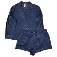 Womens Navy Blue Polka Dot Long Sleeve & Shorts Flannel Pajama Sleep Set