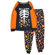 Womens Orange & Black Skeleton With Candy Halloween Pajamas Sleep Set