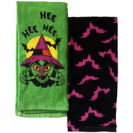 Halloween Scary Green Witch & Bats Kitchen Towel Set, 2 Terry Dish Towels