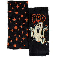 Halloween Scary Ghost Orange & Black Kitchen Towel Set, 2 Terry Dish Towels