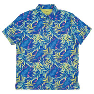 Birdie Bound Mens Blue Neon Green Floral Print Short Sleeve Golf Polo Shirt