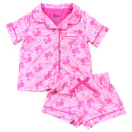 Toddler Girls Pink Barbie Cozy Button Front 2 Pc Shorts Pjs Pajamas Sleep Set