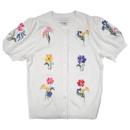 Womens White Button Front Floral Flower Themed Cardigan Sweater