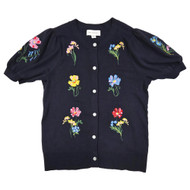 Womens Blue Button Front Floral Flower Themed Cardigan Sweater
