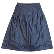 Womens Long Blue Denim Skirt With Smocked Waist & Eyelet Bottom