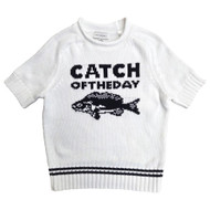 Womens White Mock Neck Catch Of The Day Fish Themed Short Sleeve Sweater