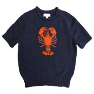 Womens Navy Blue Mock Neck Catch Lobster Themed Short Sleeve Sweater