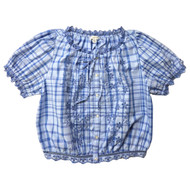 Womens Blue Plaid Button Front Eyelet Short Sleeve Blouse Shirt