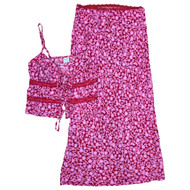 Womens Pink & Red Floral Print Elastic Waist Skirt & Tie Front Top Set