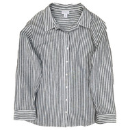 Womens White & Green Stripe Button Front Long Sleeve Blouse Shirt
