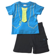 Infant Baby Boys Blue & Green Tie & Vest Print Short Sleeve Shirt & Shorts Set 12M