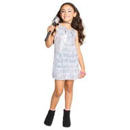 Girls Pop Star Sparkling Silver Sequin Dress & Microphone Halloween Costume