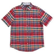 Chaps Mens Red Plaid Short Sleeve Peached Oxford Woven Shirt