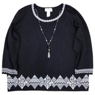 Alfred Dunner Women's Black & White Pull-Over Sweater With Necklace
