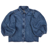 Womens Blue Denim Button Front Puffy 3/4 Length Sleeve Blouse Shirt