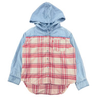 Levis Girls Pink & Red Flannel Chambray Button Up Hoodie Shirt