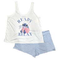 Womens White & Blue Stitch Pajamas Shorts & Tank Top Shirt Sleep Set