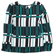 Liz Claiborne Womens Green Block Print Light Weight Long Sleeve Blouse Shirt