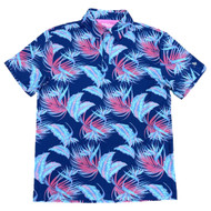 Birdie Bound Mens Blue & Pink Leaf Print Short Sleeve Golf Polo Shirt