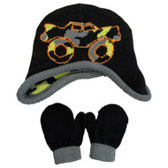 Toby Infant Boys Reversible Black Monster Truck Beanie Trapper Hat & Mittens Set