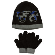 Toby Toddler Boys Reversible Black & Blue Monster Truck Beanie Hat & Gloves Set