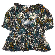 Womens Green & Brown Short Ruffle Sleeve Shirt With Smocked Sides