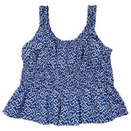Womens Blue & White Ruffle Tank Top With Smocked Waist Blouse Shirt