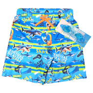 Zero Xposur Boys Blue & Green Shark Swim Trunks Board Shorts & Goggles Set