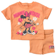 Minnie Mouse Infant Toddler Girls Peach Short Set 2 Piece Outfit 0-3 Mo