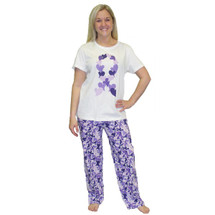 Cancer Support Purple Heart Ribbon Sleep Set with white shirt with purple ribbon and multi purple print on the pants