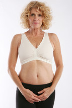 Softee by Ladies First in white Soft Silhouette Mastectomy Bra made from irresistibly silky cool microfiber with a wide band that is fully encased inside the fabric