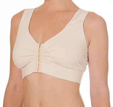 Blue Canoe mastectomy bra with front hooks, wide straps and a racer back design