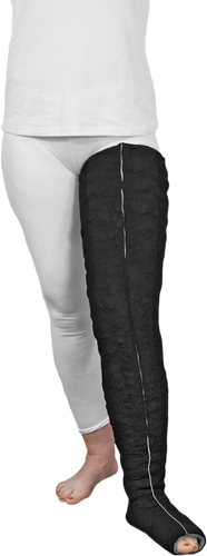 Solaris - Toes To Groin Vertical Style Tribute Custom Night Compression Garment in black is Ideal for clients with edema and/or tissue induration of the leg (if the popliteal and inguinal nodes have not been damaged/removed).
Vertical channeling provides distal to proximal gradient compression from the toes to groin.