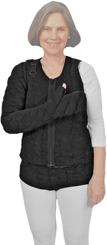 Fingertips to Clavicle & Vest Tribute Night Custom Compression Garment in black is recommended for fully involved clients. Garments can be attached with Snap-Tape or hook and loop closures to allow clients the freedom to wear all or individual pieces
