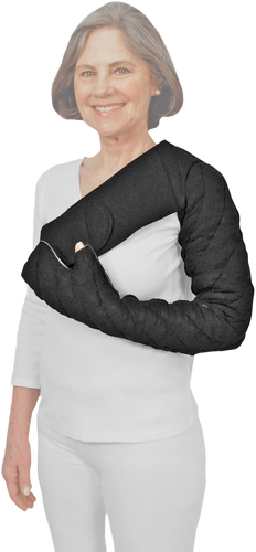 Fingertips to Clavicle Chevron Style Tribute Night Custom Compression Garment Fully covers the fingers, arm, and shoulder cap. Velcro-receptive, foam-padded strap is available in black.
Provides 28-30 mmHg of gradient compression at distal end and 18-20 mmHg at proximal end.